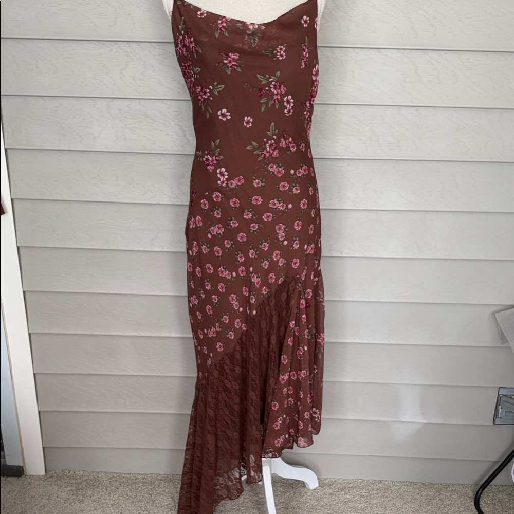 Sincerly Jules Brown Floral Asymmetrical Slip Dress with Pink Flowers